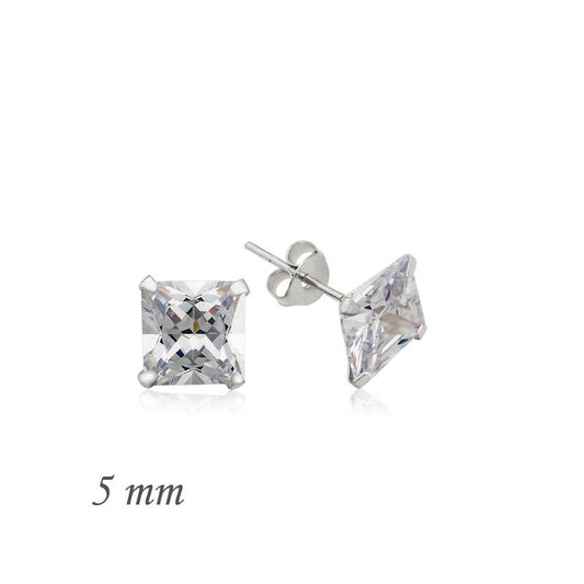 Square Single Stone Zircon Silver Earring - 5 mm