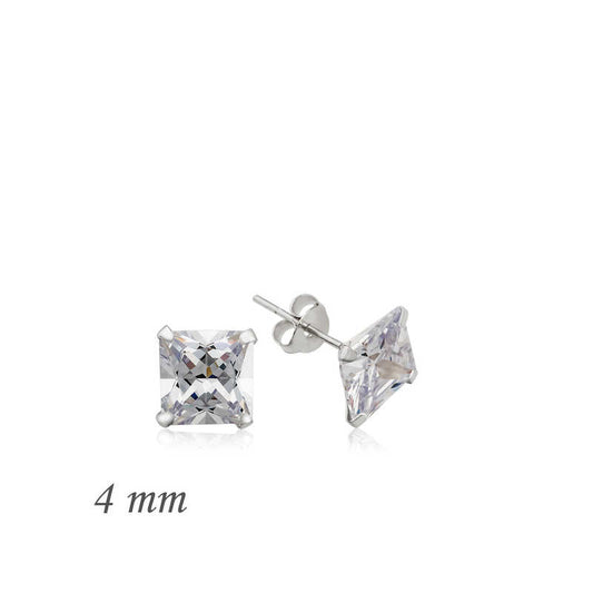 Square Single Stone Zircon Silver Earrings - 4 mm