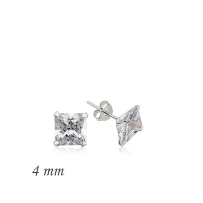 Square Single Stone Zircon Silver Earrings - 4 mm