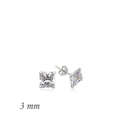 Square Single Stone Zircon Silver Earrings - 3 mm