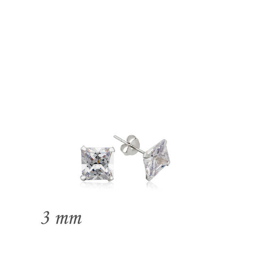 Square Single Stone Zircon Silver Earrings - 3 mm