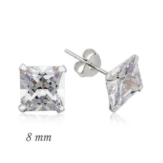 Square Single Stone Zircon Silver Earring - 8 mm