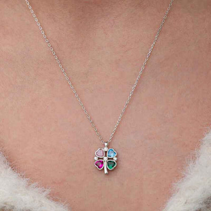 Stone Colored Heart Figure Clover Silver Necklace