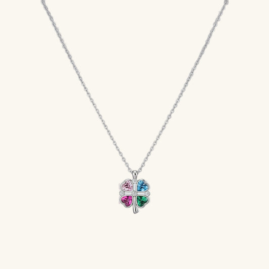 Stone Colored Heart Figure Clover Silver Necklace