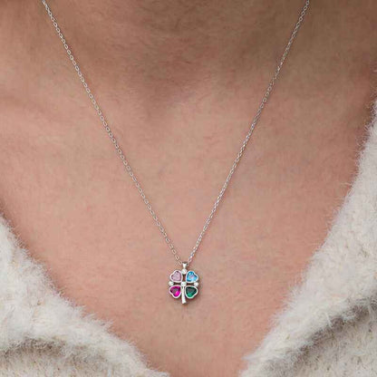 Stone Colored Heart Figure Clover Silver Necklace