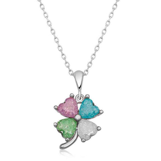 Heart Clover with Colored Stones Women's Silver Necklace