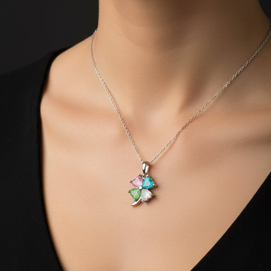 Herzklee mit farbigen Steinen Damen Silber Halskette