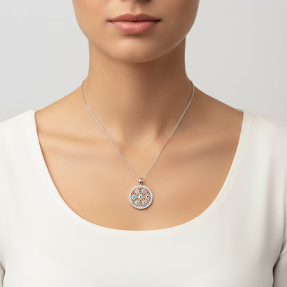 Colored Stone Flower of Life Women's Silver Necklace