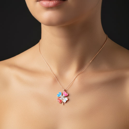 Rosévergoldete Damen-Silberkette mit farbigem Steinklee