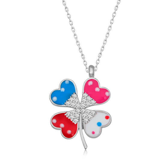Silver Colored Stone Clover Women's Necklace