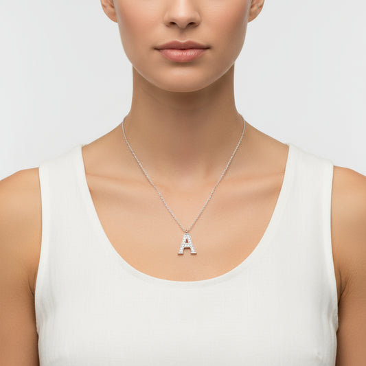 Rhodium Plated A Letter Women's Silver Necklace