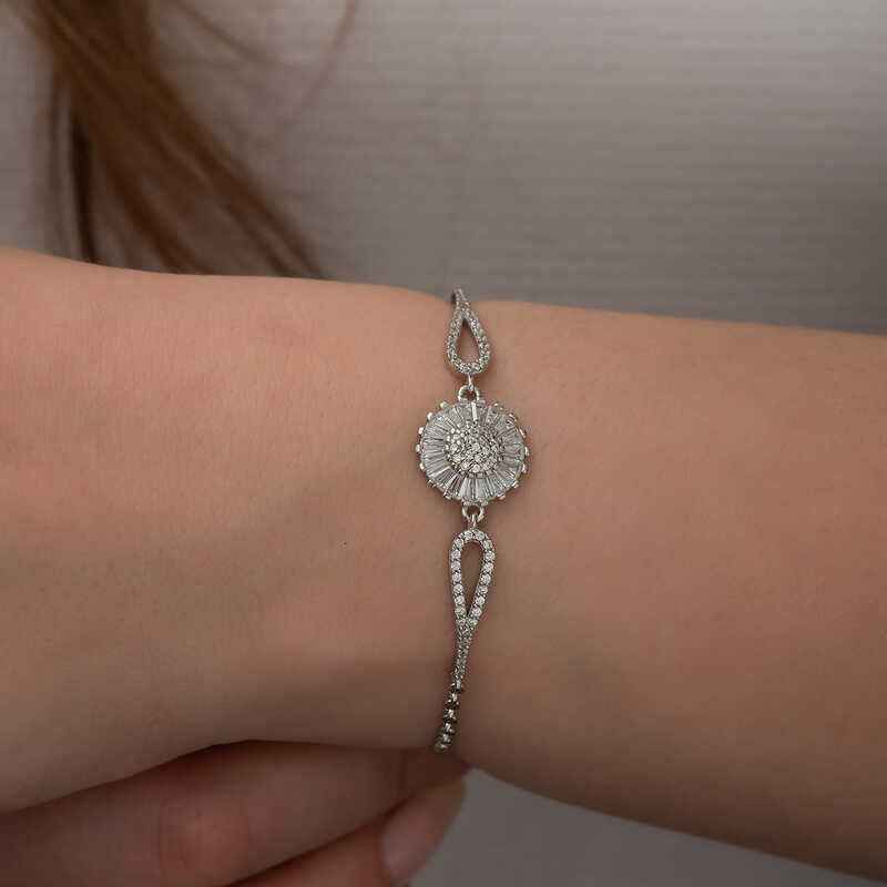 Rhodium Plated Baguette Stone Infinity Silver Bracelet