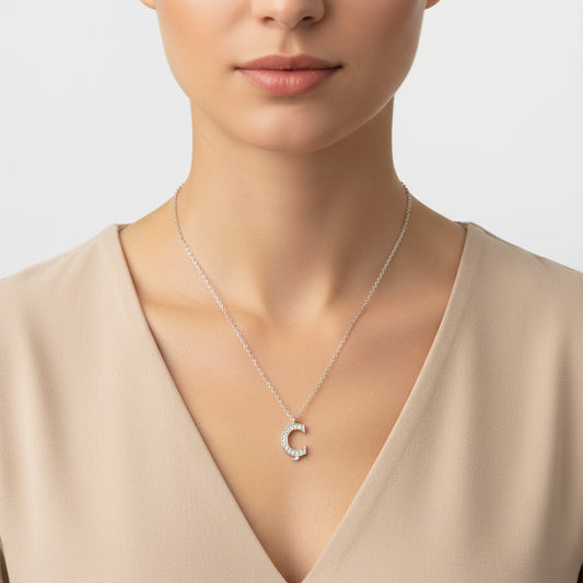 Rhodium Plated Letter Ç Women's Silver Necklace