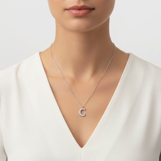 Rhodium Plated C Letter Women's Silver Necklace