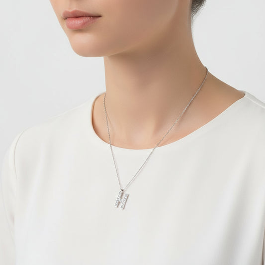 Rhodium Plated H Letter Women's Silver Necklace