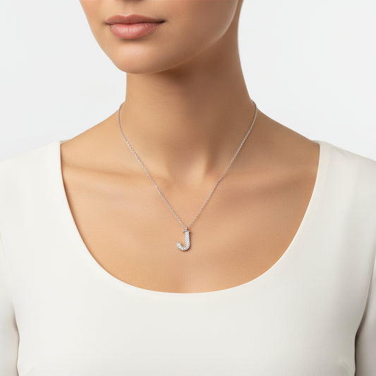 J Letter Rhodium Plated Women's Silver Necklace
