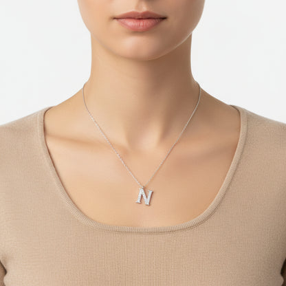 Rhodium Plated N Letter Women's Silver Necklace