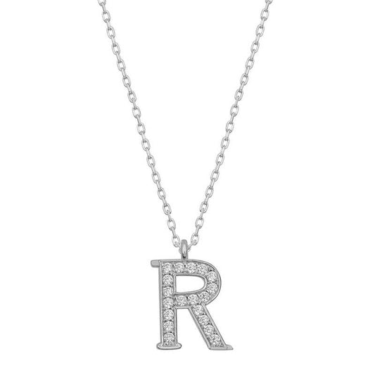 R Letter Rhodium Plated Women's Silver Necklace