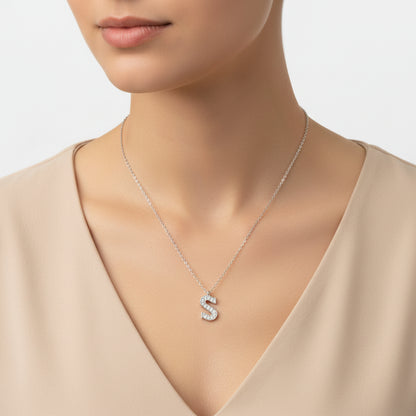 Collier en argent plaqué rhodium avec lettre S pour femme