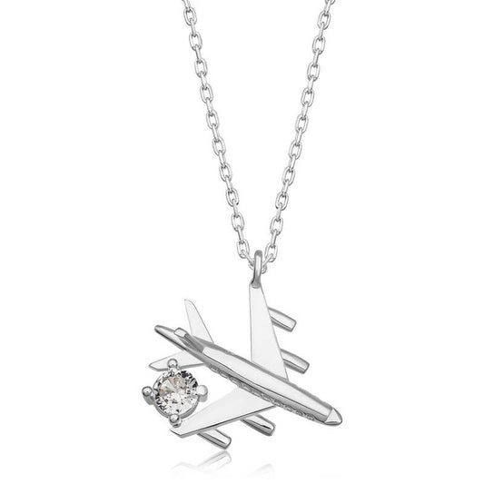 Single Stone Airplane Women's Rhodium Plated Silver Necklace