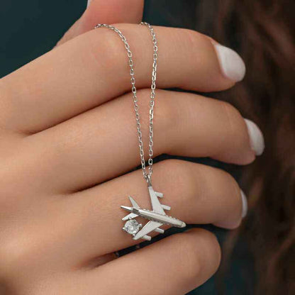 Single Stone Airplane Women's Rhodium Plated Silver Necklace