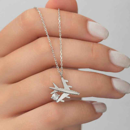 Single Stone Airplane Women's Rhodium Plated Silver Necklace