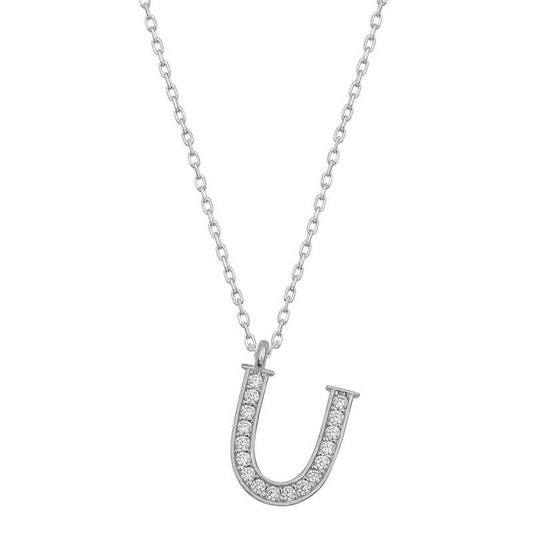 Rhodium Plated U Letter Women's Silver Necklace