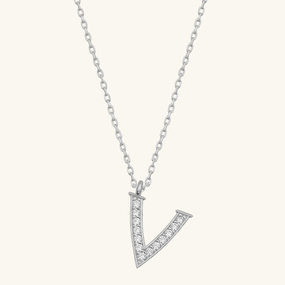 Rhodium Plated V Letter Women's Silver Necklace