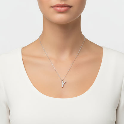 Rhodium Plated Y Letter Women's Silver Necklace