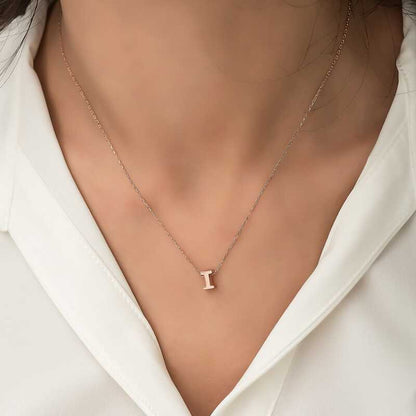 Rose Plated 3D Letter I Women's Silver Necklace