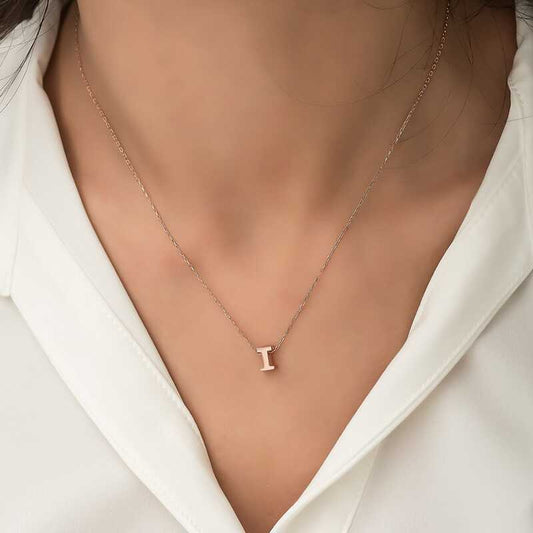 Rose Plated 3D Letter I Women's Silver Necklace