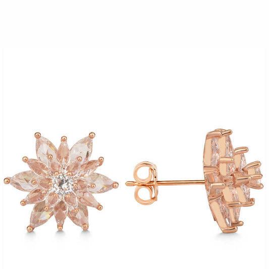 Rose Plated White Stone 4 Layer Lotus Flower Women's Stud Silver Earrings