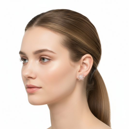 Rosévergoldete, weiße Steine, 4-lagige Lotusblüten-Ohrstecker für Damen, Silber