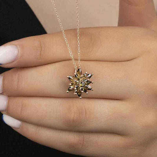Rose Plated Olive Green 4 Layer Lotus Flower Women's Silver Necklace