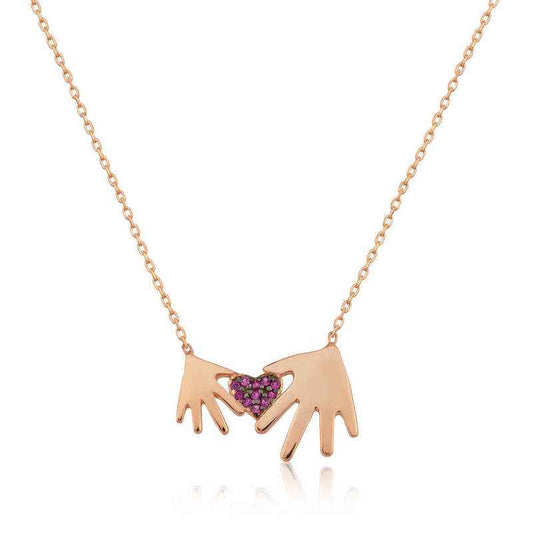 Rose Plated Mother and Child Hand Women's Silver Necklace
