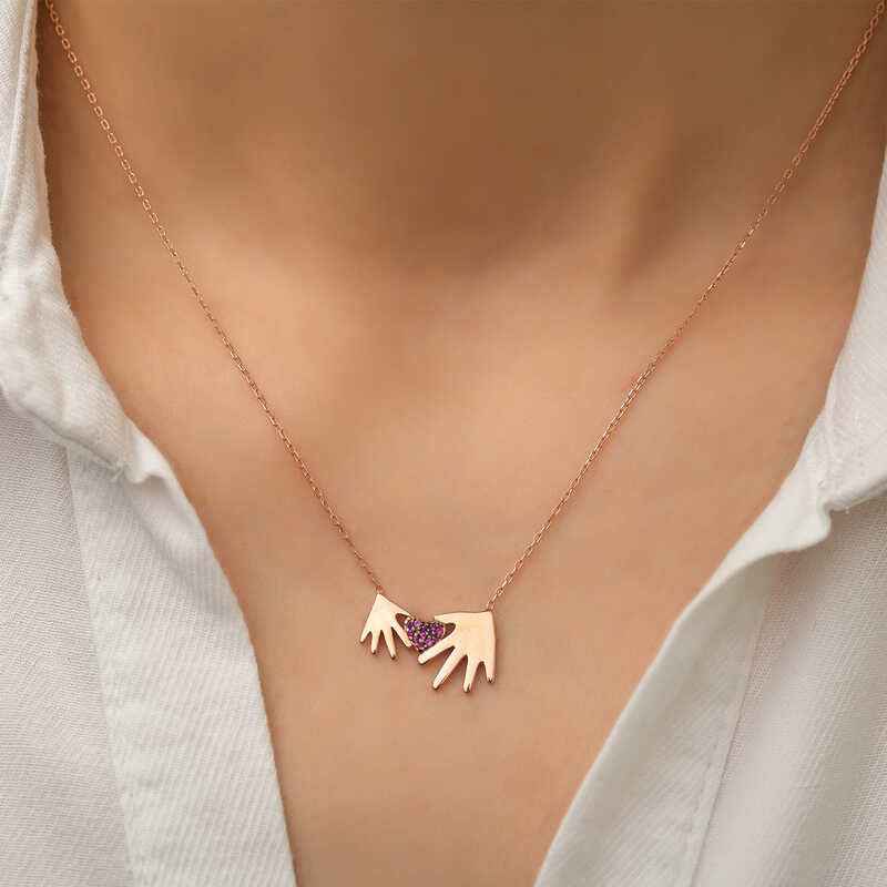 Rose Plated Mother and Child Hand Women's Silver Necklace