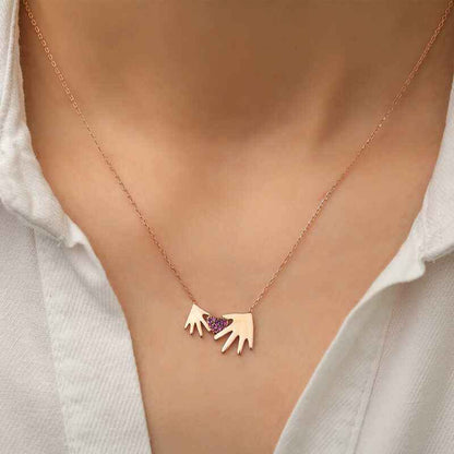 Rose Plated Mother and Child Hand Women's Silver Necklace
