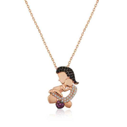 Rose Plated Mother and Baby Women's Silver Necklace