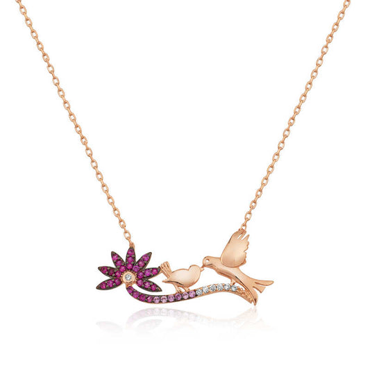 Rose Plated Mother and Baby Bird Women's Silver Necklace