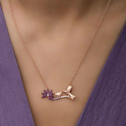 Rose Plated Mother and Baby Bird Women's Silver Necklace