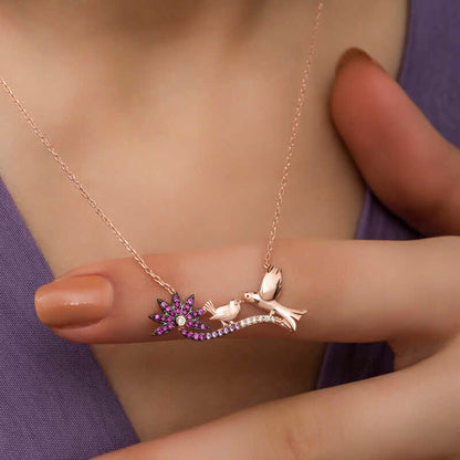 Rose Plated Mother and Baby Bird Women's Silver Necklace