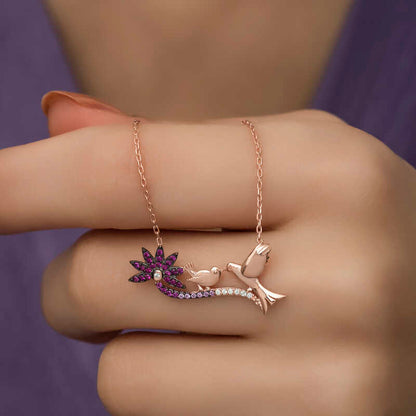 Rose Plated Mother and Baby Bird Women's Silver Necklace