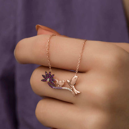 Rose Plated Mother and Baby Bird Women's Silver Necklace