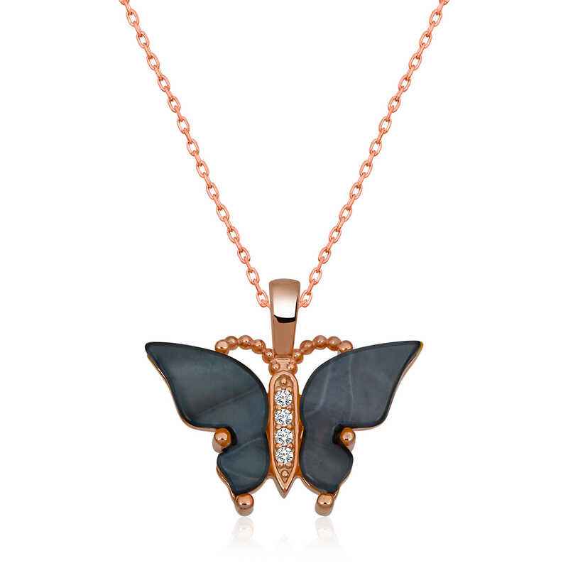 Rose Plated Anthracite Tiger's Eye Stone Butterfly Women's Silver Necklace
