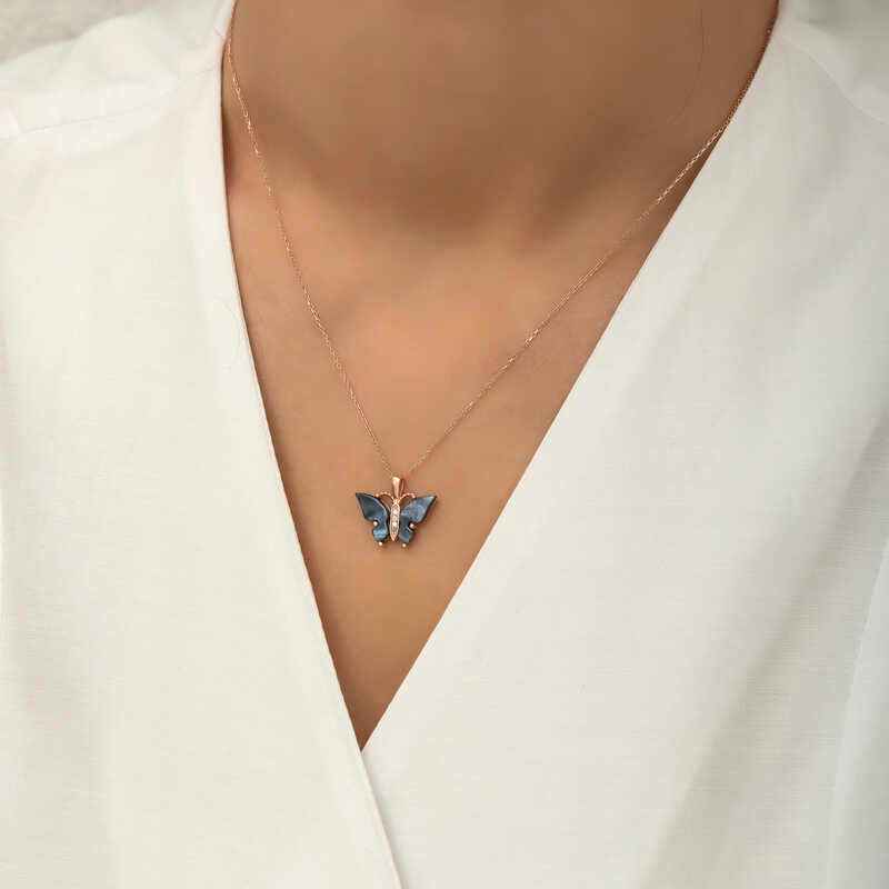 Rose Plated Anthracite Tiger's Eye Stone Butterfly Women's Silver Necklace