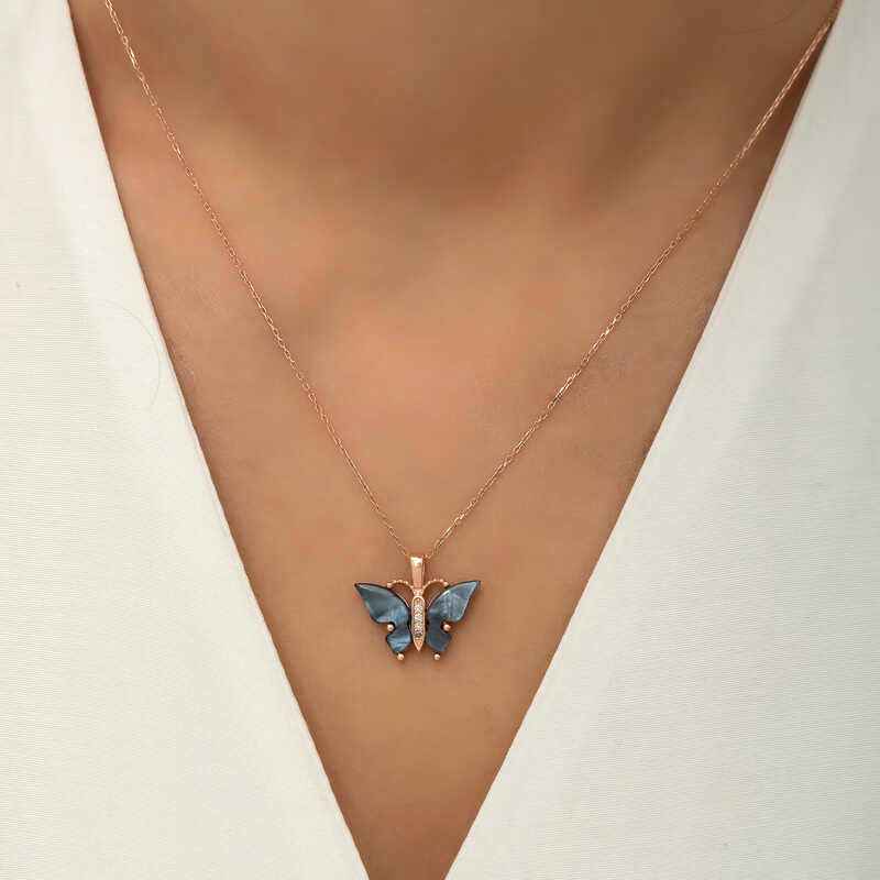 Rose Plated Anthracite Tiger's Eye Stone Butterfly Women's Silver Necklace