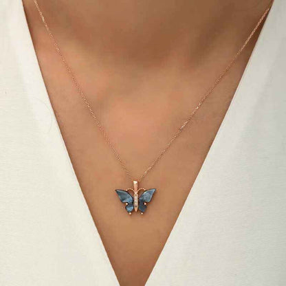 Rose Plated Anthracite Tiger's Eye Stone Butterfly Women's Silver Necklace