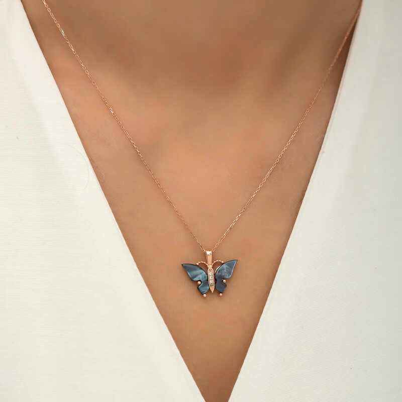 Rose Plated Anthracite Tiger's Eye Stone Butterfly Women's Silver Necklace