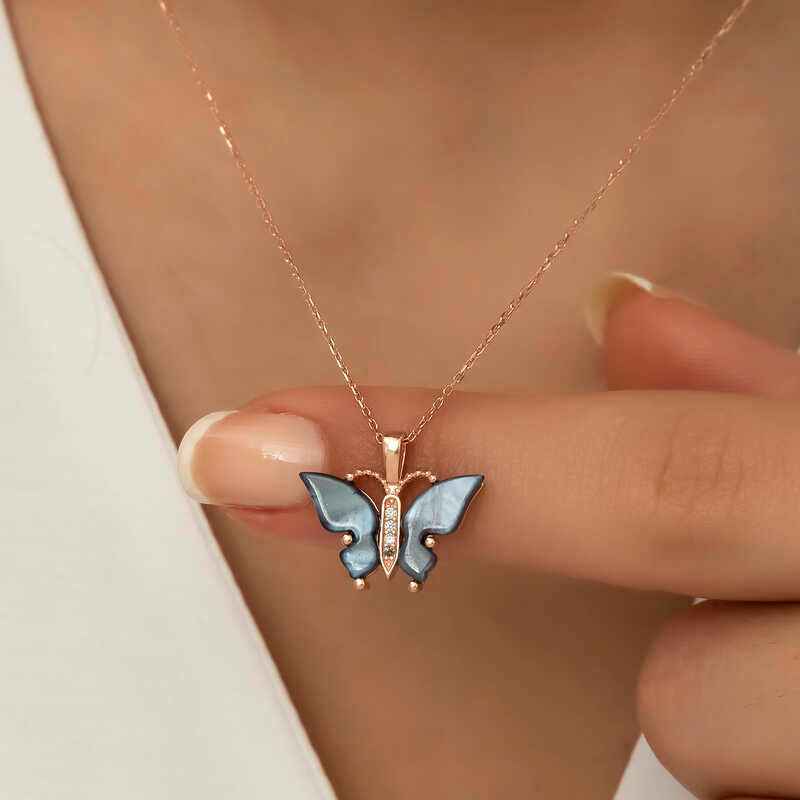 Rose Plated Anthracite Tiger's Eye Stone Butterfly Women's Silver Necklace
