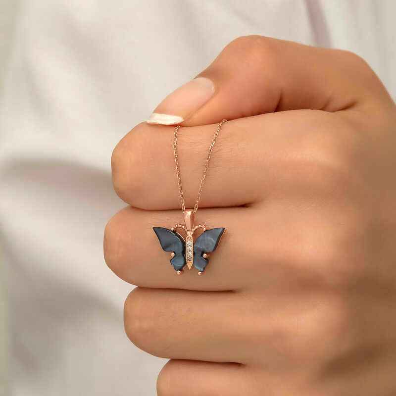 Rose Plated Anthracite Tiger's Eye Stone Butterfly Women's Silver Necklace